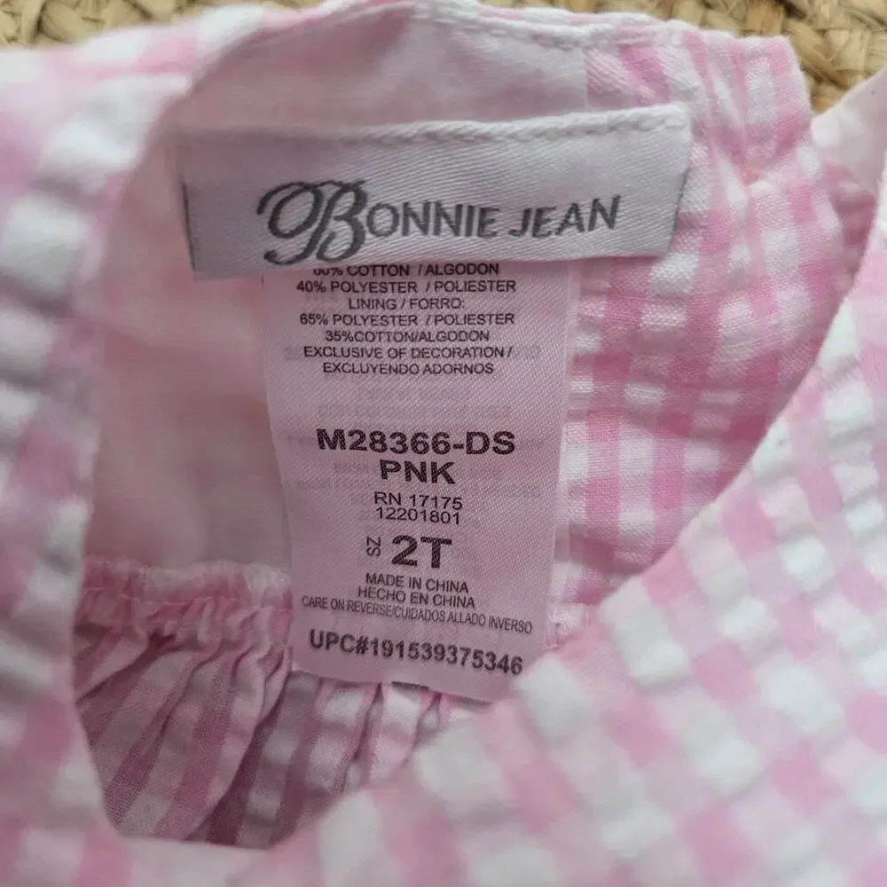 Bonnie Jean girls Seercucker Dress Size 2T Pink White Check Summer Beach‎ Fancy